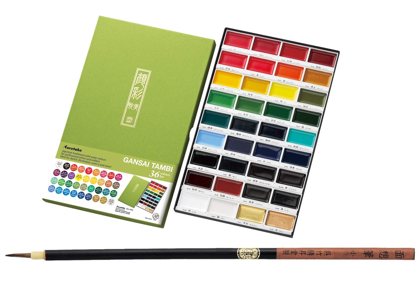 Zig KURETAKE GANSAI TAMBI 36 COLORS SET CARTOONIST MENSO BRUSH Medium NATURAL HAIR