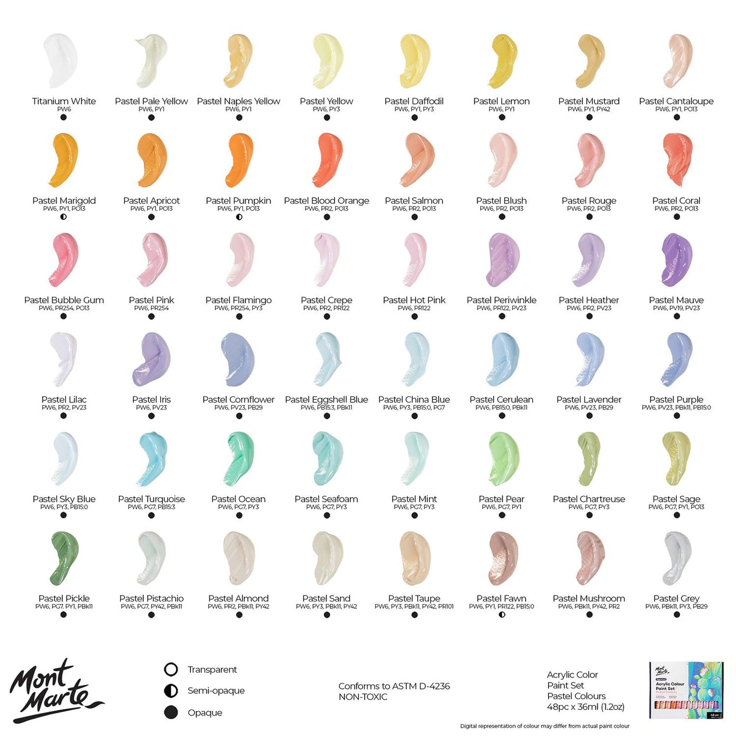 Mont Marte Acrylic Colour Pastel Paint Set Signature 48Pc X 36Ml - Multicolor
