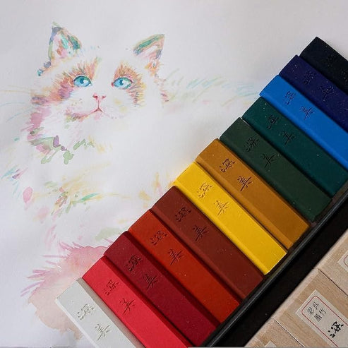 ZIG SAIBOKU SHIMBI 12 Colors and 2 Black Sumi Ink Stick Set, Traditional Calligraphy and Painting, Professional Quality, for Lettering, Drawing, Signature AP-Certified, Made in Japan