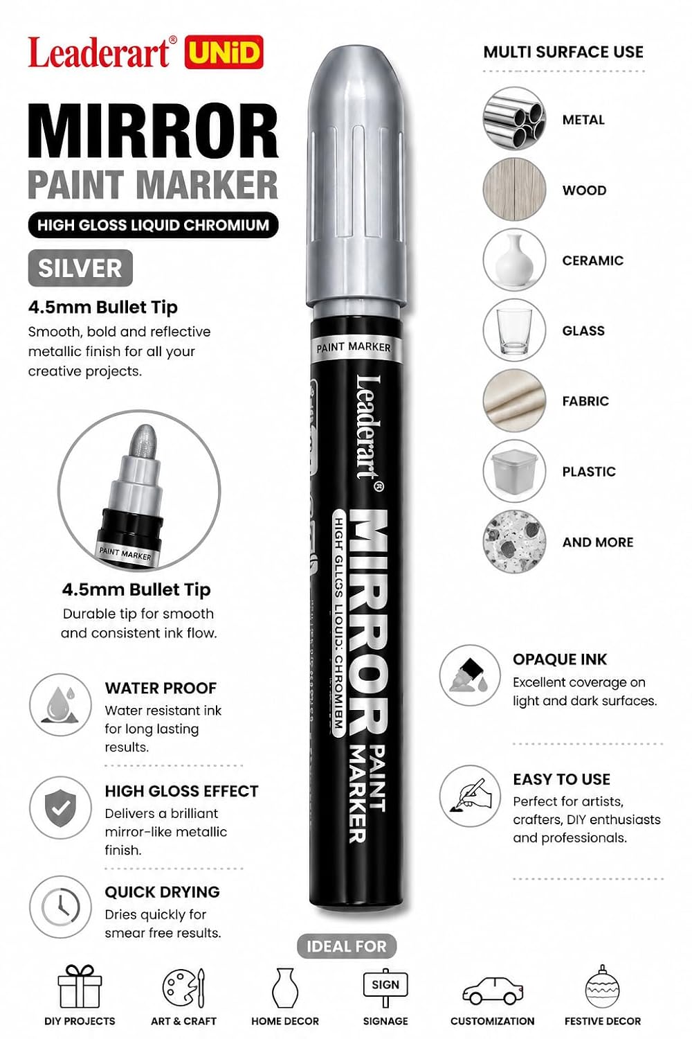 Mirror Paint Marker Silver | Pack of 10 | 4.5mm Bullet Tip | High Gloss Liquid Chrome Metallic Paint Marker | Waterproof for Metal, Glass, Ceramic, Plastic & DIY Crafts. Made in Malaysia