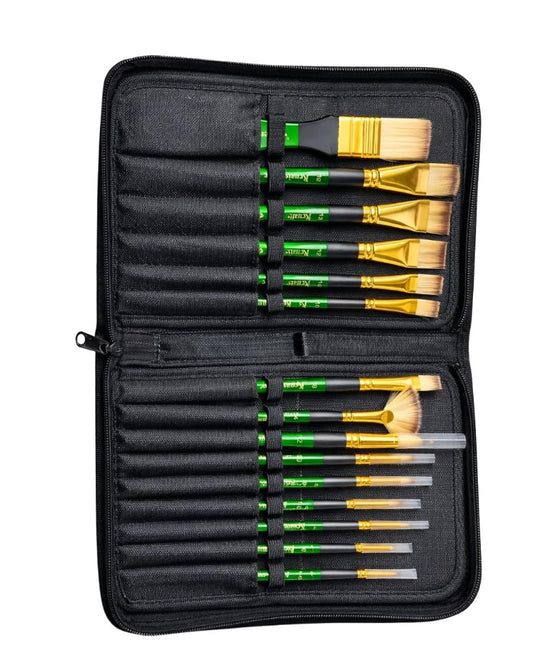 Renaissance Artists’ Quality Watercolour Brush Set | 15 Brushes with Zip Case | Round, Flat, Filbert, Fan & Angle Brushes | Ideal for Watercolour, Acrylic & Art Painting | Made in Thailand