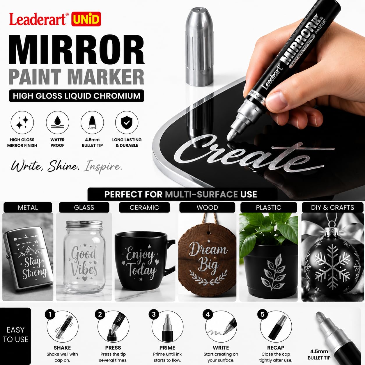 Mirror Paint Marker Silver | Pack of 10 | 4.5mm Bullet Tip | High Gloss Liquid Chrome Metallic Paint Marker | Waterproof for Metal, Glass, Ceramic, Plastic & DIY Crafts. Made in Malaysia