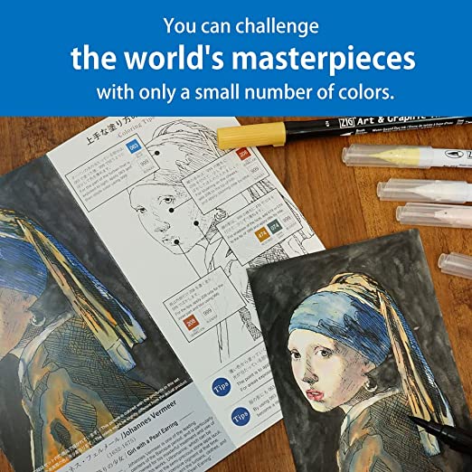 Kuretake ZIG, HISTORIC ART COLLECTION WATERCOLOR W/J.VERMEER ZIG SPECIAL SET with 7 watercolor brush pens, pre-printed sheet, papers for beginners, students