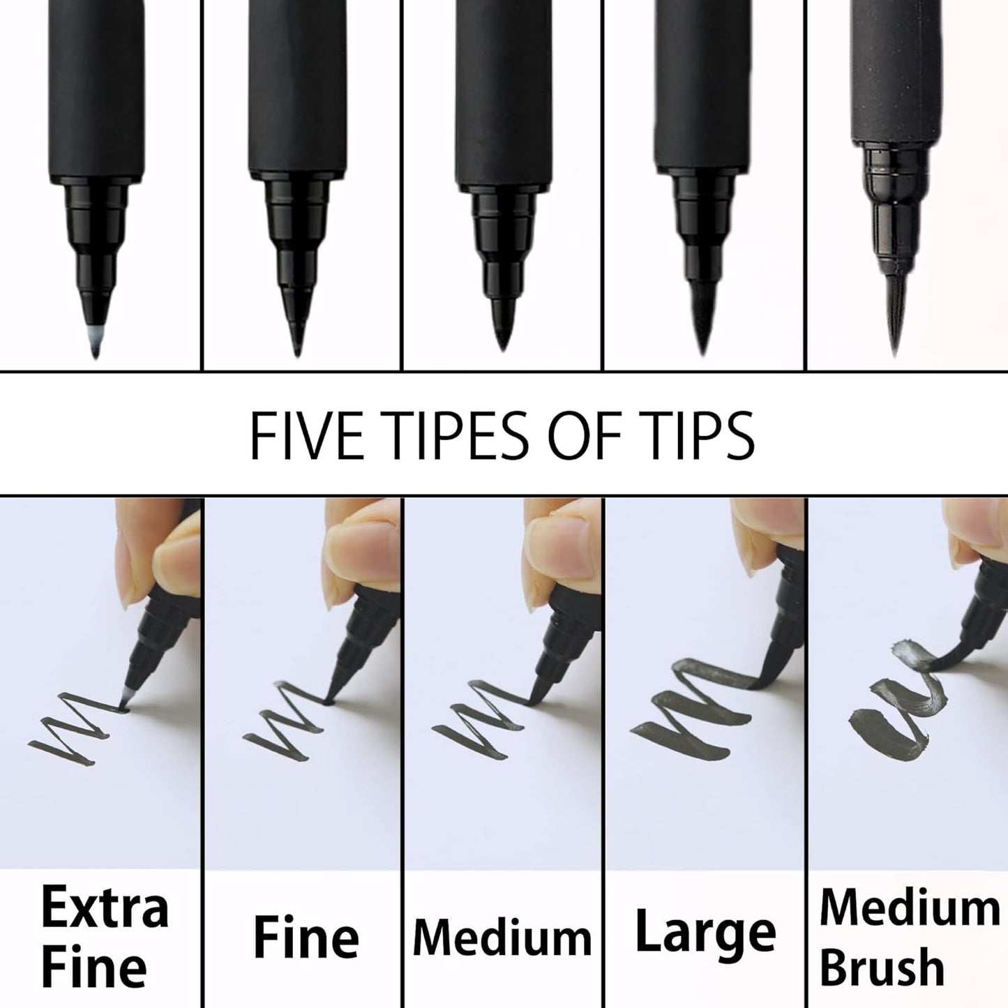 ZIG KURETAKE Bimoji Brush Pen, 5 Pcs Set (Extra Fine, Fine, Medium, Large, Medium Brush), great for Calligraphy, Hand lettering and Illustration, for Beginners and Professional, Made in Japan