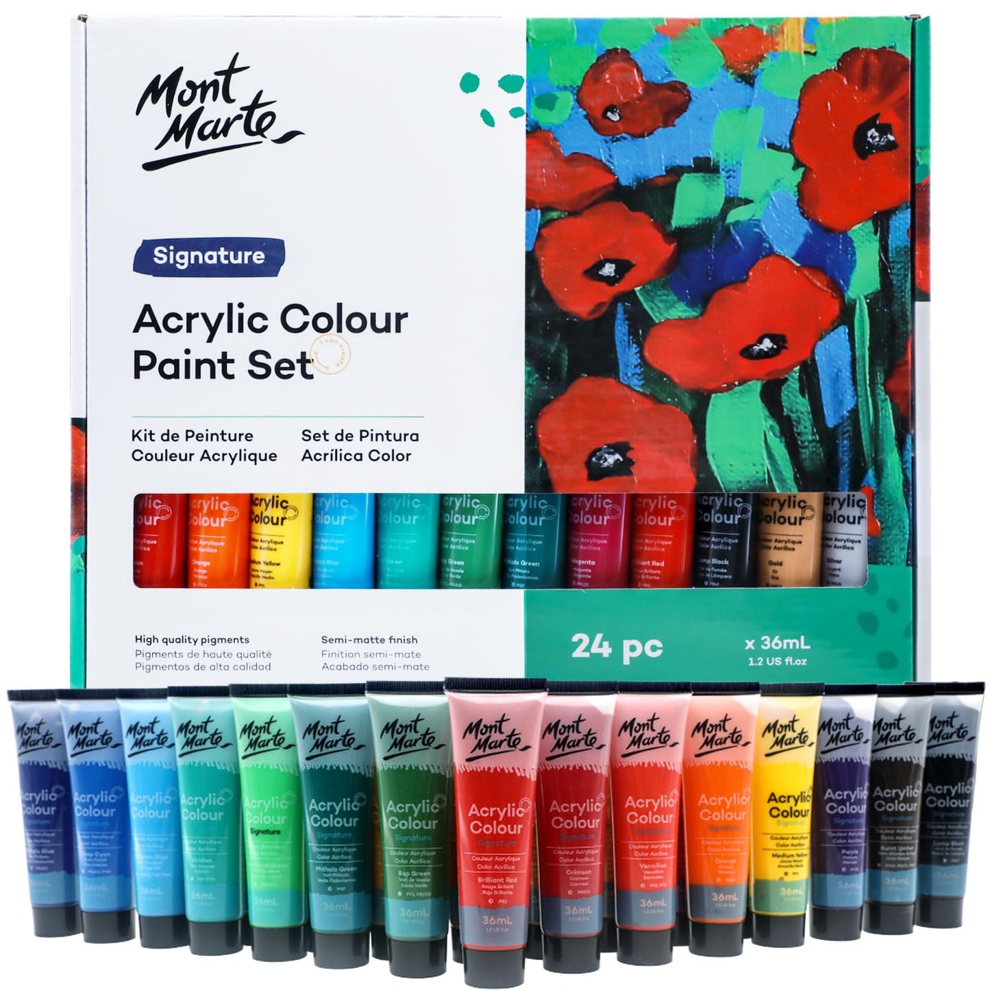 Mont Marte Acrylic Paint Set 24 Colours 36ml 2 PACK, Perfect for Canvas, Wood, Fabric, Leather, Cardboard, Paper, MDF and Crafts