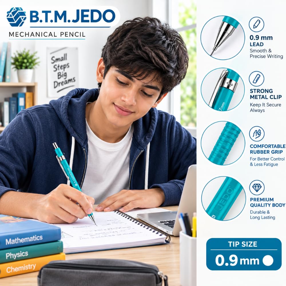 MICRO B.T.M. JEDO Mechanical Pencil 0.7 mm, Gray Colour, Refillable Lead Pencil with Metal Clip and Comfortable Grip, Made in Korea