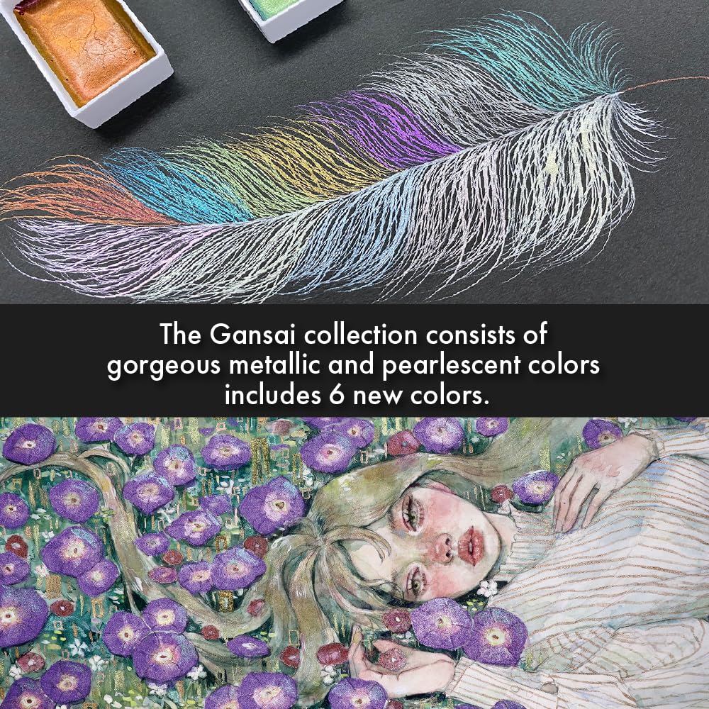 Zig Kuretake Gansai Tambi Iridescent Metallic Watercolor Paint Set – 24 Shimmer Colors | Professional Grade, Large Pans, Water-Based Pigment for Illustration, Calligraphy & Art | Made in Japan