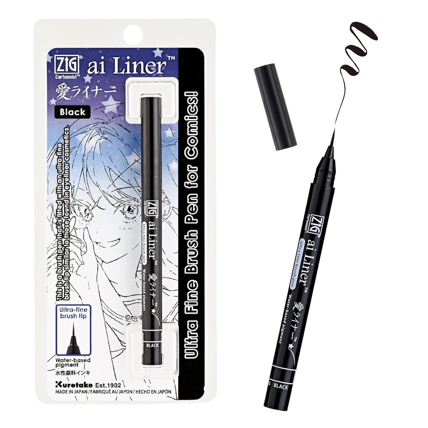 ZIG KURETAKE AI Liner, Ultra fine Brush tip pen, Black, Perfect for Delicate Expressions in Illustration, Manga, lettering, Made in Japan