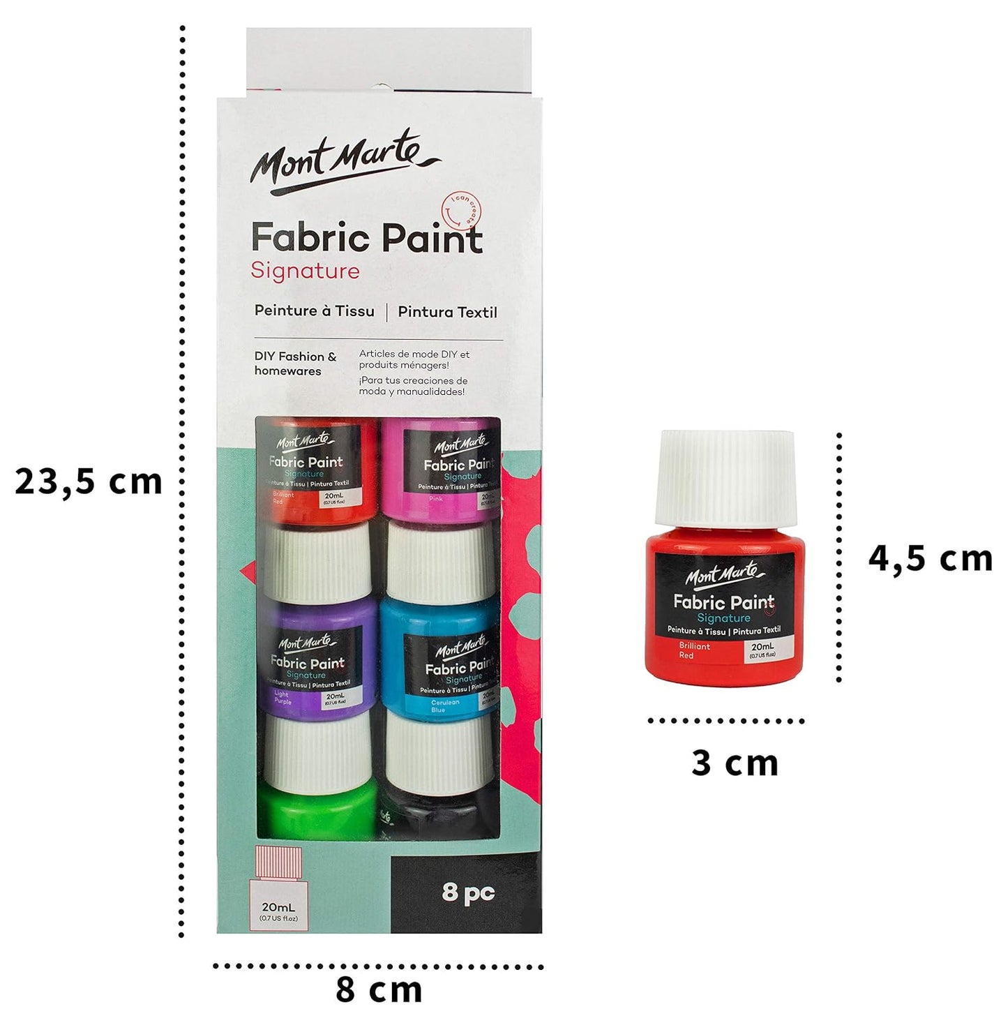 Mont Marte Fabric Paint Set - 8 Pieces x 20ml - Permanent Textile Paints Colors, White, Black, Yellow, Green, Pink, Blue, Red, Purple