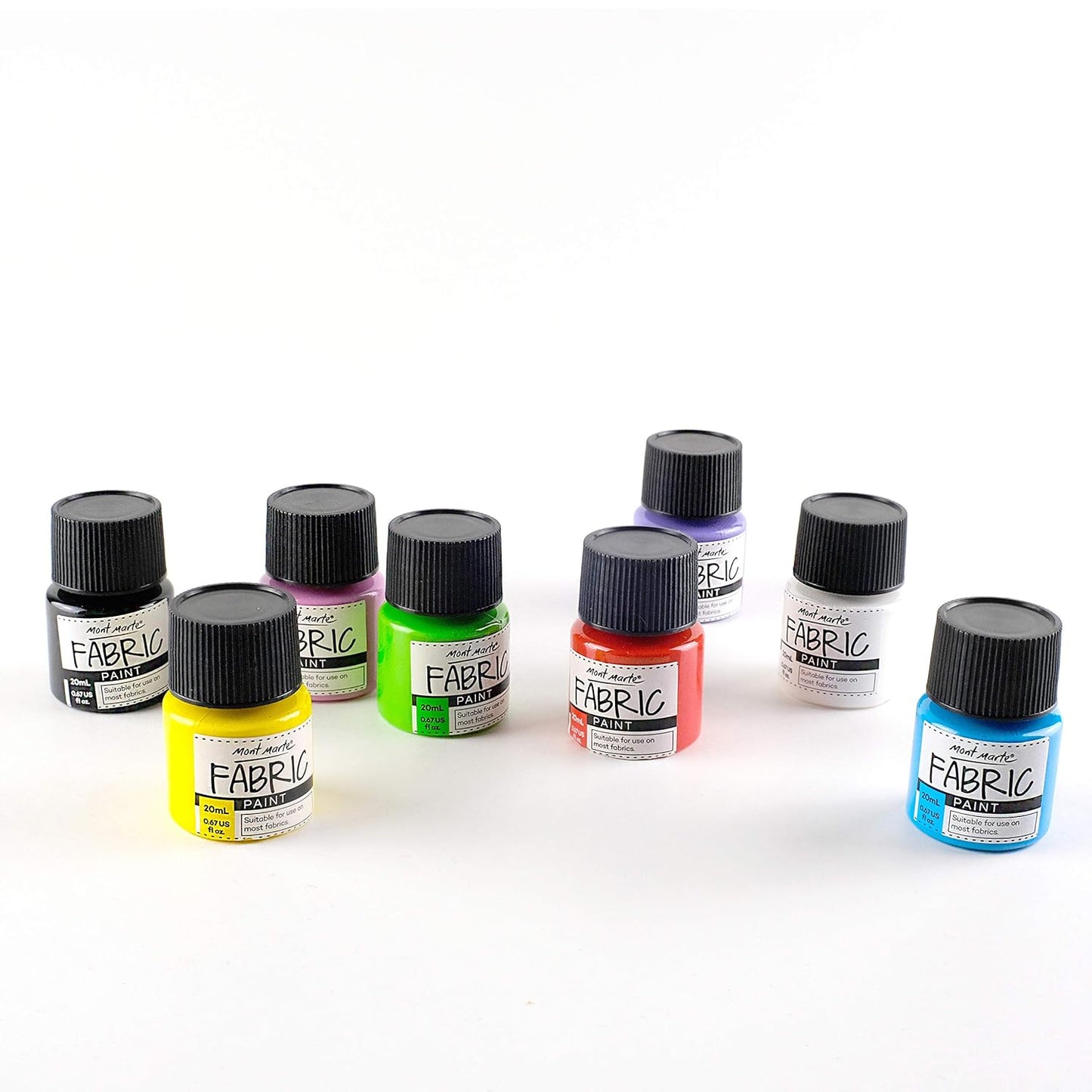 Mont Marte Fabric Paint Set - 8 Pieces x 20ml - Permanent Textile Paints Colors, White, Black, Yellow, Green, Pink, Blue, Red, Purple