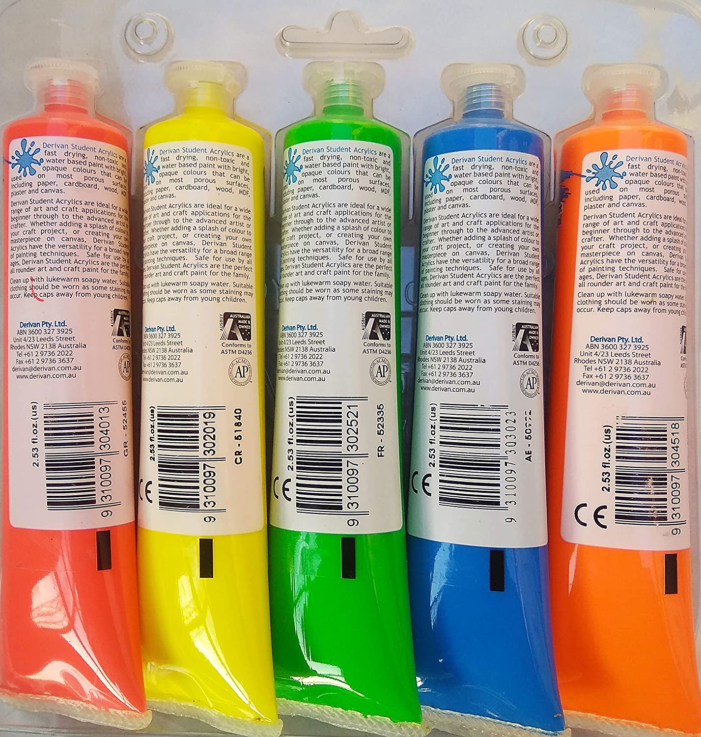 DERIVAN STUDENT ACRYLIC PAINT 75 ML TUBE FLUORESCENT  PACK OF 5 colours SET