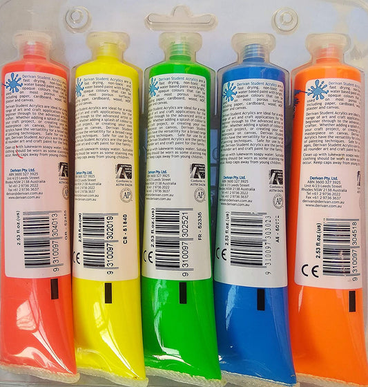 DERIVAN STUDENT ACRYLIC PAINT 75 ML TUBE FLUORESCENT  PACK OF 5 colours SET