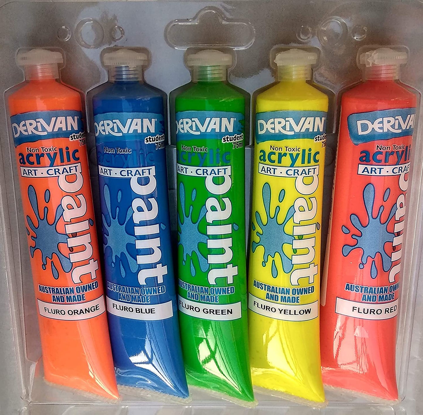 DERIVAN STUDENT ACRYLIC PAINT 75 ML TUBE FLUORESCENT  PACK OF 5 colours SET