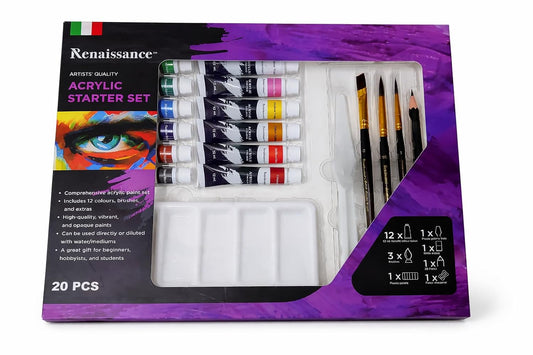 Renaissance Acrylic Starter Set – 20 Pieces Acrylic Paint Kit with 12 x 12ml Colour Tubes, Brushes, Palette, Pencil, Eraser & Knife | Ideal for Beginners, Students & Hobby Artists. Made in Thailand