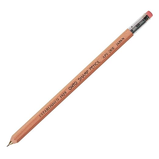 OHTO Mechanical Wooden mini sharp lead pencil with eraser and clip [Natural Lead: 0.5 mm] Professional quality For Student & Artist For Writing Drafting Drawing, Sketching