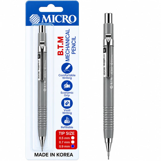 MICRO B.T.M. JEDO Mechanical Pencil 0.7 mm, Gray Colour, Refillable Lead Pencil with Metal Clip and Comfortable Grip, Made in Korea