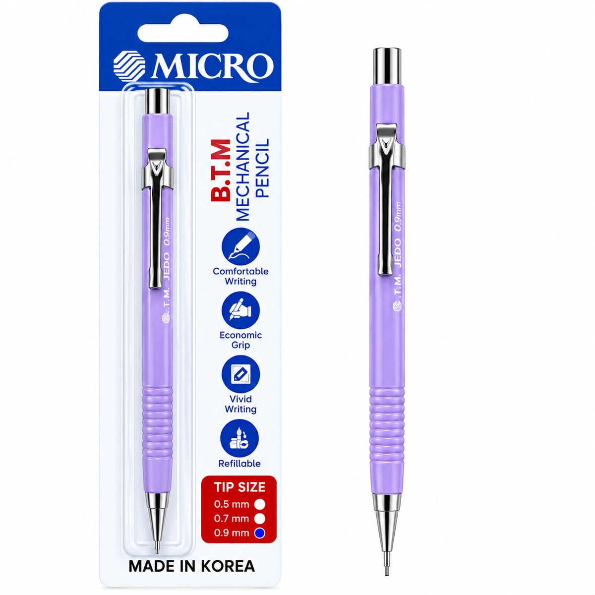 MICRO B.T.M. JEDO Mechanical Pencil 0.7 mm, Lavender Colour, Refillable Lead Pencil with Metal Clip and Comfortable Grip, Made in Korea