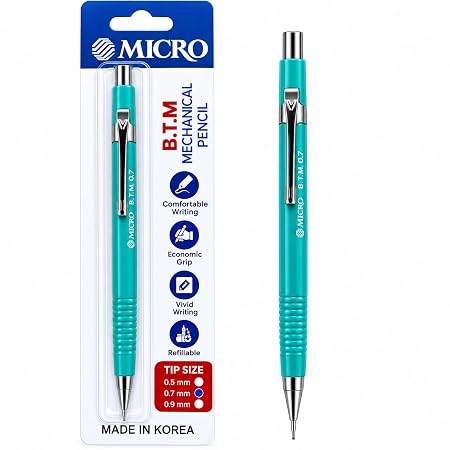 MICRO B.T.M. JEDO Mechanical Pencil 0.9 mm, Mint Colour, Refillable Lead Pencil with Metal Clip and Comfortable Grip, Made in Korea
