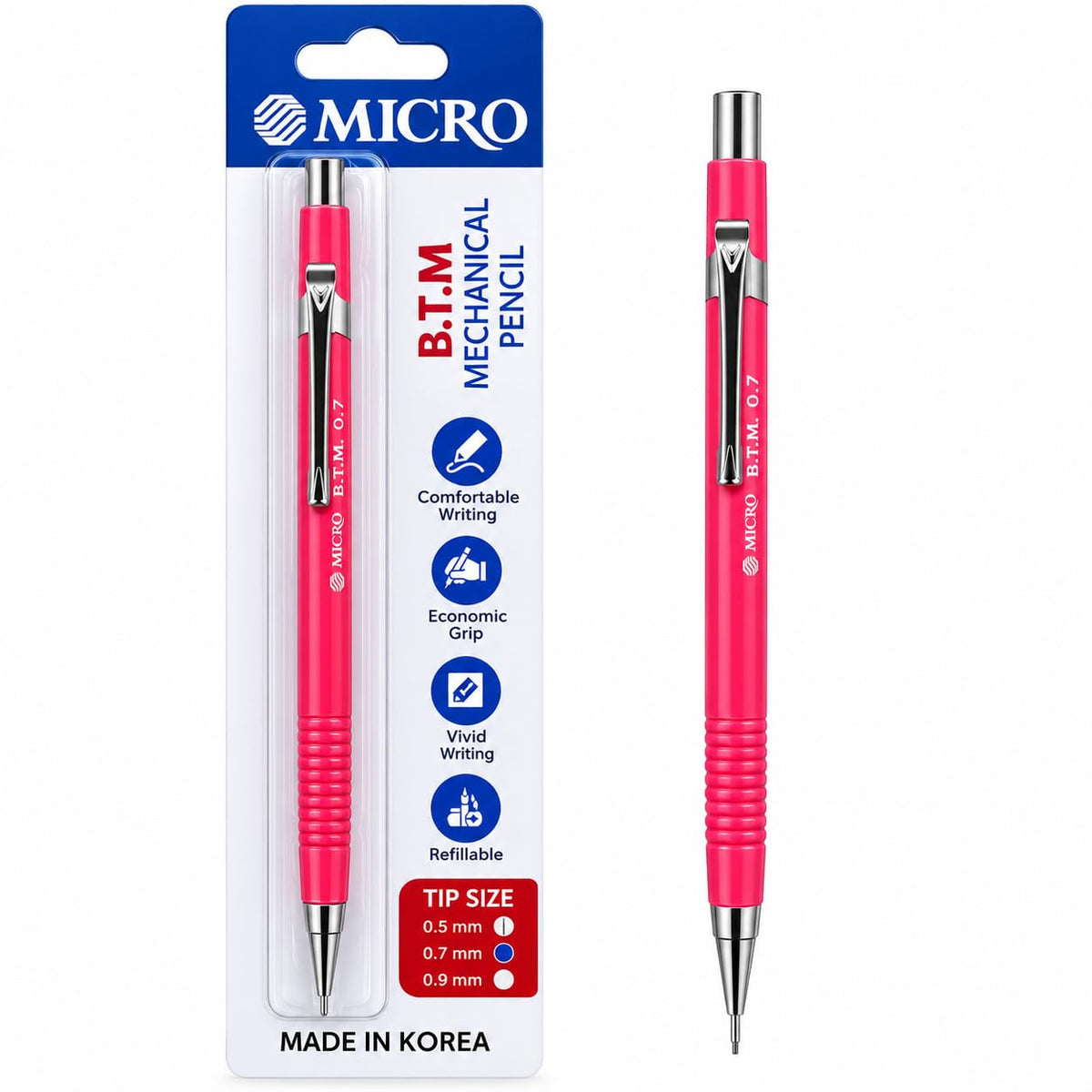 MICRO B.T.M. JEDO Mechanical Pencil 0.9 mm, Peach Colour, Refillable Lead Pencil with Metal Clip and Comfortable Grip, Made in Korea