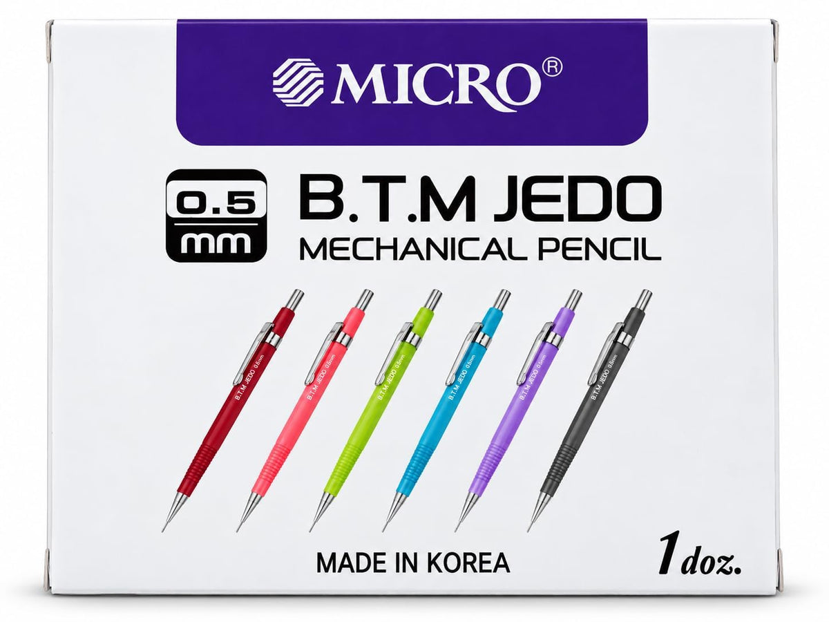 MICRO B.T.M. JEDO 0.5 mm Mechanical Pencils, Pack of 12, Assorted Colours, Refillable Lead Pencils for School, Office, Note-Taking and Drawing, Made in Korea