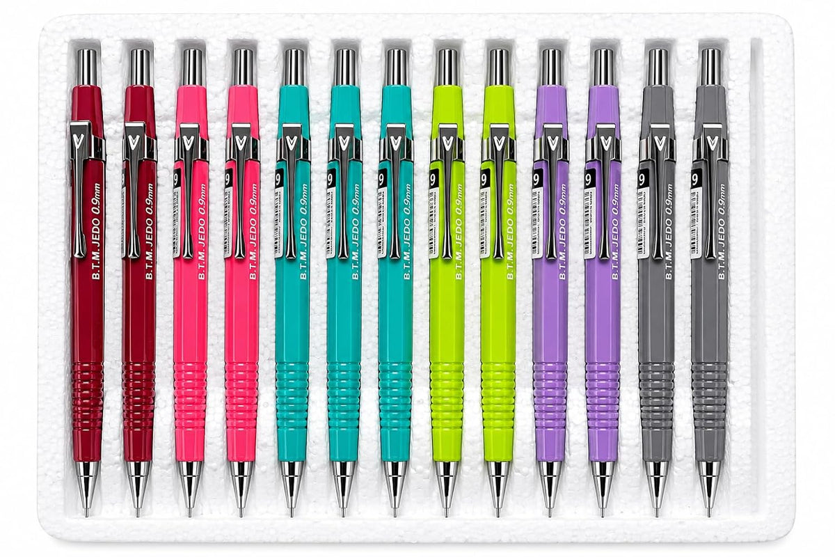 MICRO B.T.M. JEDO 0.9 mm Mechanical Pencils, Pack of 12, Assorted Colours, Refillable Lead Pencils for School, Office, Note-Taking and Drawing, Made in Korea