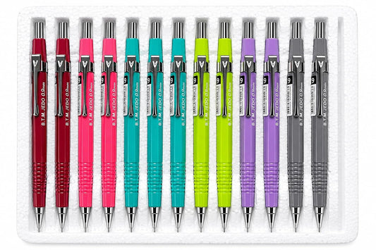 MICRO B.T.M. JEDO 0.7 mm Mechanical Pencils, Pack of 12, Assorted Colours, Refillable Lead Pencils for School, Office, Note-Taking and Drawing, Made in Korea