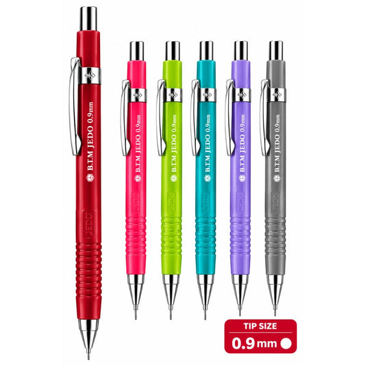 MICRO B.T.M. JEDO 0.9 mm Mechanical Pencils, Pack of 12, Assorted Colours, Refillable Lead Pencils for School, Office, Note-Taking and Drawing, Made in Korea