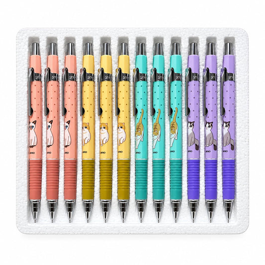 MICRO Rubber JEDO Cat Mechanical Pencil 0.7 mm, Made in Korea, Cute Cat Design, Pastel 12 Colour Mechanical Pencil for School, Students, Office, Writing, Note-Taking and Drawing