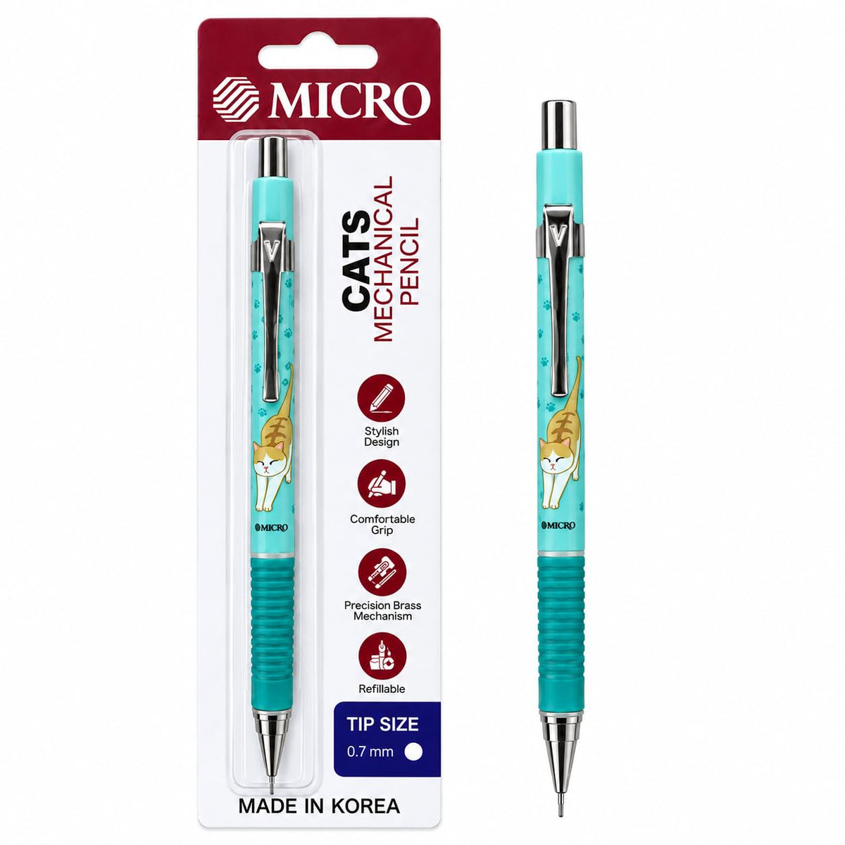 MICRO Rubber JEDO Cat Mechanical Pencil 0.7 mm, Made in Korea, Cute Cat Design, Pastel Mint Colour Mechanical Pencil for School, Students, Office, Writing, Note-Taking and Drawing