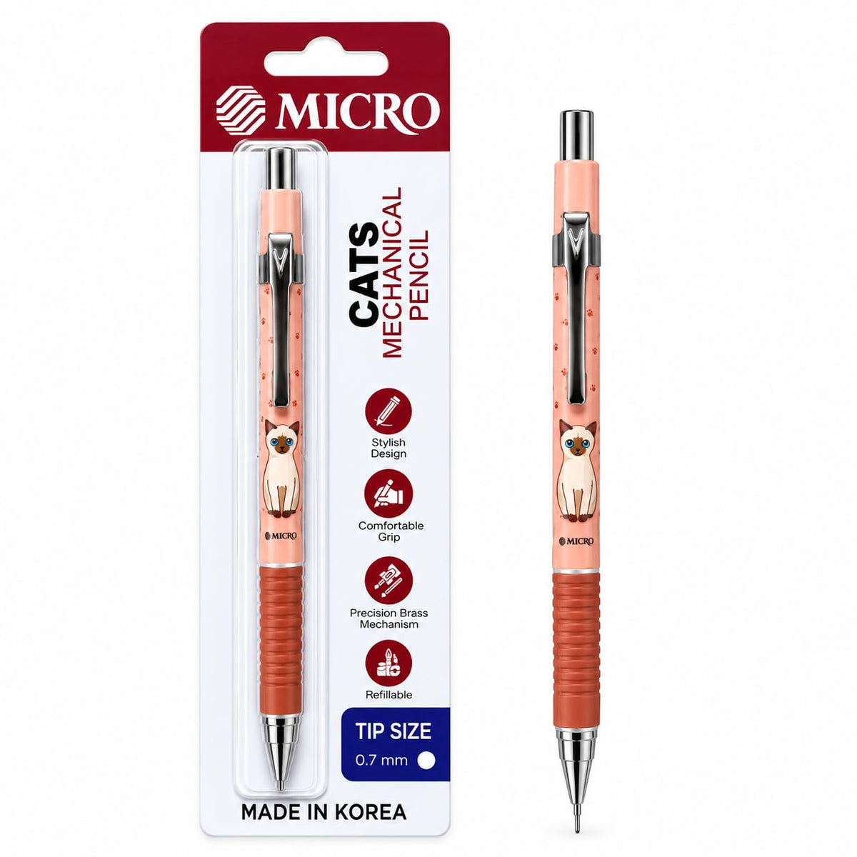 MICRO Rubber JEDO Cat Mechanical Pencil 0.7 mm, Made in Korea, Cute Cat Design, Pastel Peach Colour Mechanical Pencil for School, Students, Office, Writing, Note-Taking and Drawing