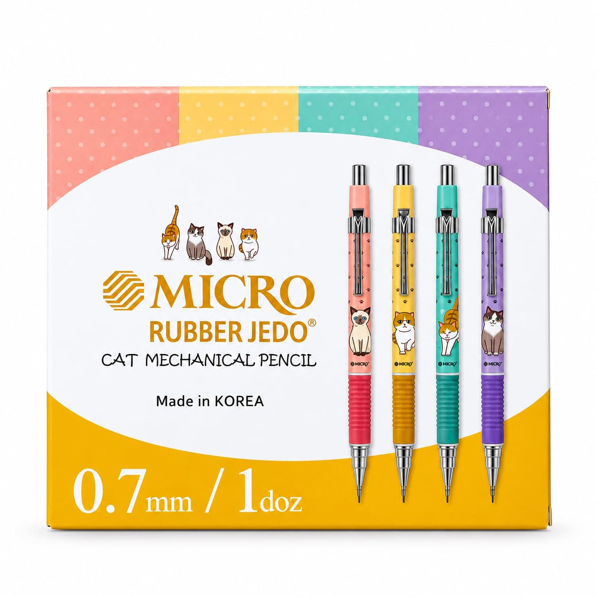 MICRO Rubber JEDO Cat Mechanical Pencil 0.7 mm, Made in Korea, Cute Cat Design, Pastel 12 Colour Mechanical Pencil for School, Students, Office, Writing, Note-Taking and Drawing