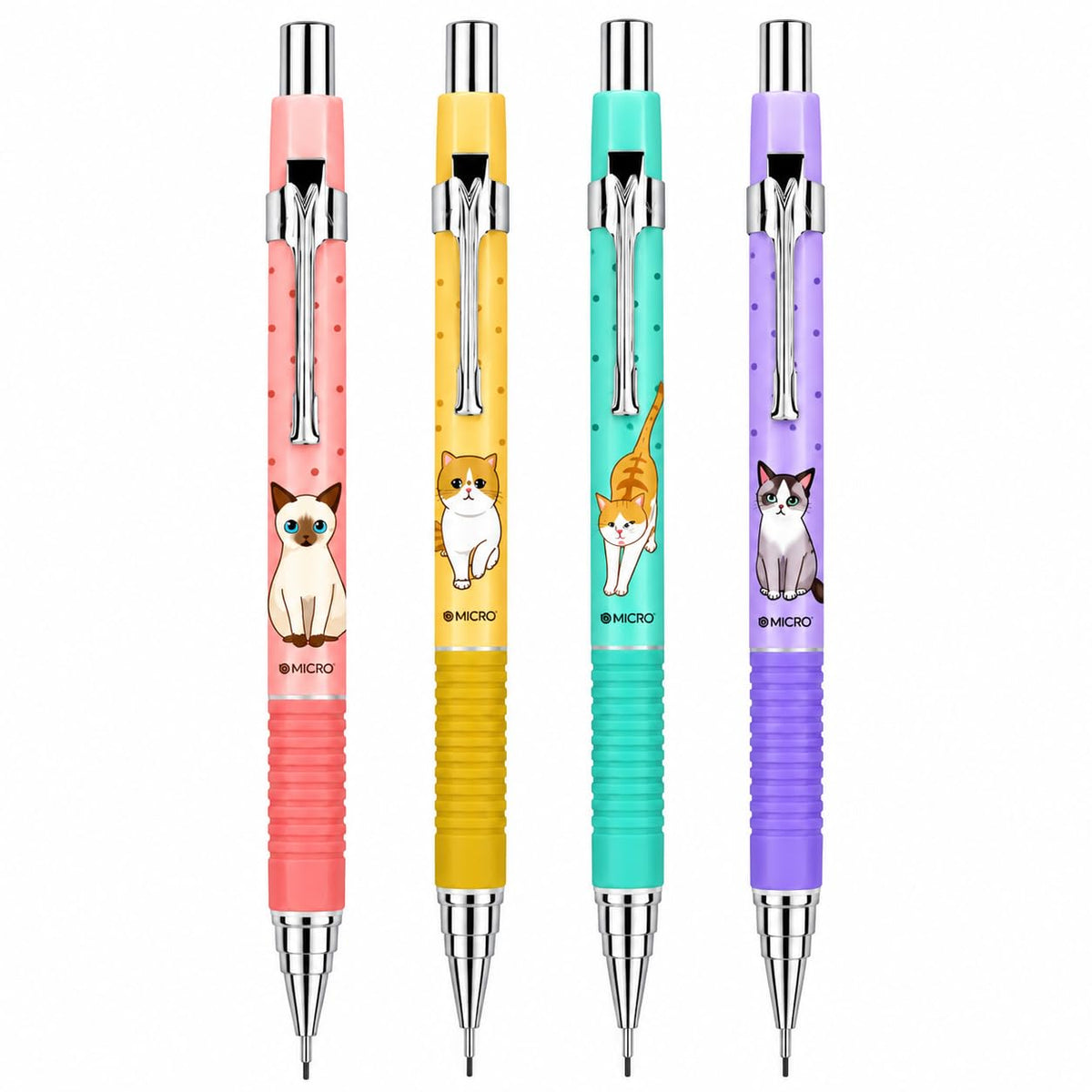 MICRO Rubber JEDO Cat Mechanical Pencil 0.7 mm, Made in Korea, Cute Cat Design, Pastel 4 Colour Mechanical Pencil for School, Students, Office, Writing, Note-Taking and Drawing
