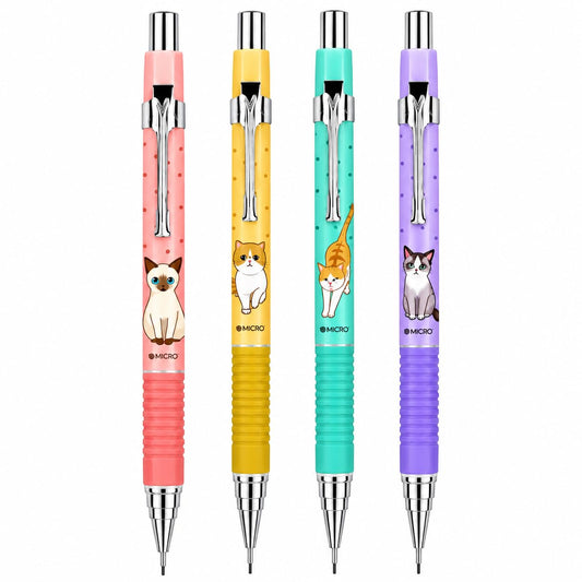 MICRO Rubber JEDO Cat Mechanical Pencil 0.7 mm, Made in Korea, Cute Cat Design, Pastel 4 Colour Mechanical Pencil for School, Students, Office, Writing, Note-Taking and Drawing