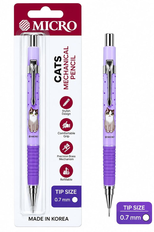 MICRO Rubber JEDO Cat Mechanical Pencil 0.7 mm, Made in Korea, Cute Cat Design, Pastel Purple Colour Mechanical Pencil for School, Students, Office, Writing, Note-Taking and Drawing
