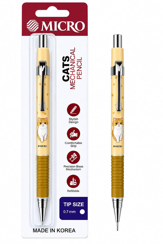 MICRO Rubber JEDO Cat Mechanical Pencil 0.7 mm, Made in Korea, Cute Cat Design, Pastel Milk Yellow Colour Mechanical Pencil for School, Students, Office, Writing, Note-Taking and Drawing