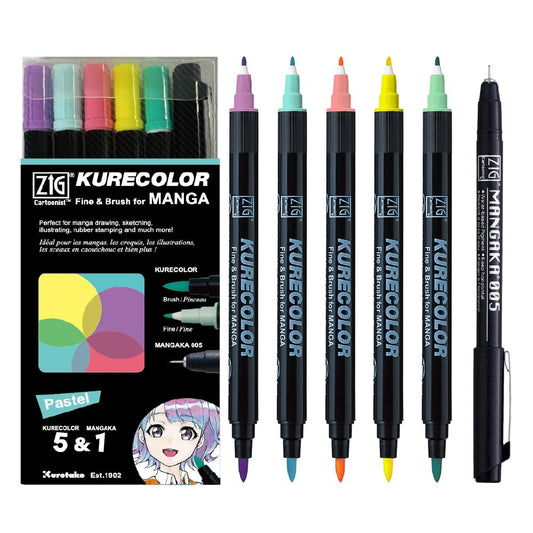 Zig Kuretake Cartoonist KURECOLOR Fine & Brush Pastel set, 5 colors with MANGAKA Black, Alcohol-based twin tipped marker pens, for Artist, Professional, Made in Japan