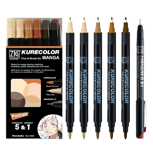 Zig Kuretake Cartoonist KURECOLOR Fine & Brush Portrait set, 5 colors with MANGAKA Black, Alcohol-based twin tipped dual marker pens, for Artist, Professional, Made in Japan