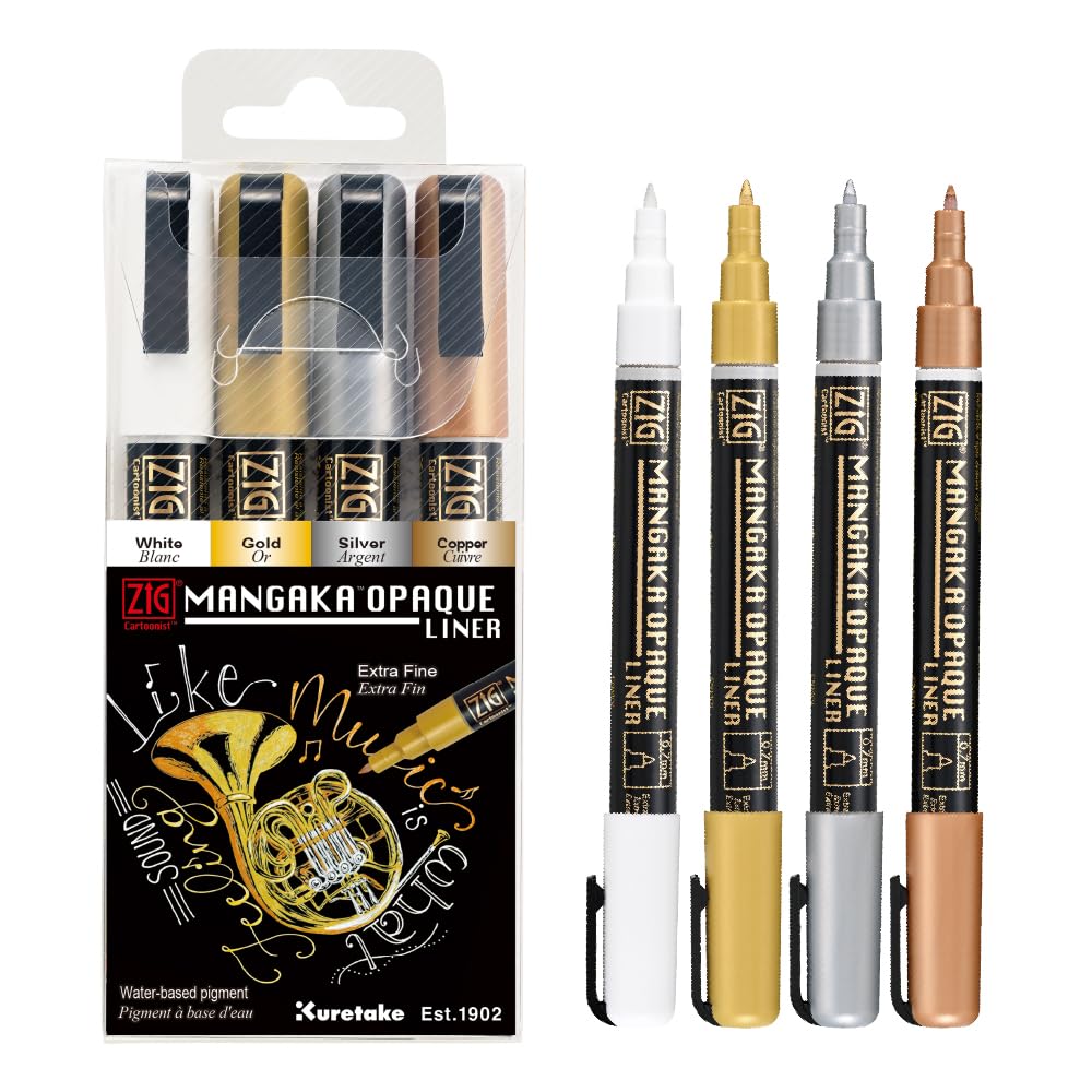 Kuretake Zig Cartoonist Mangaka Opaque Liner, 4 Colors Set for Artists, Illustrations, Graphic Design, Paper Crafters, Made in Japan