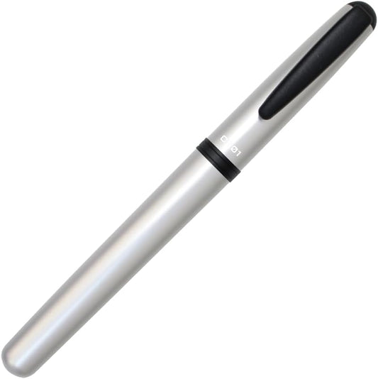 OHTO CR01 Ceramic Rollerball Pen, 0.7mm, Thick Aluminum Barrel with Brass Components, Matte Silver, Water-Based Blue Ink