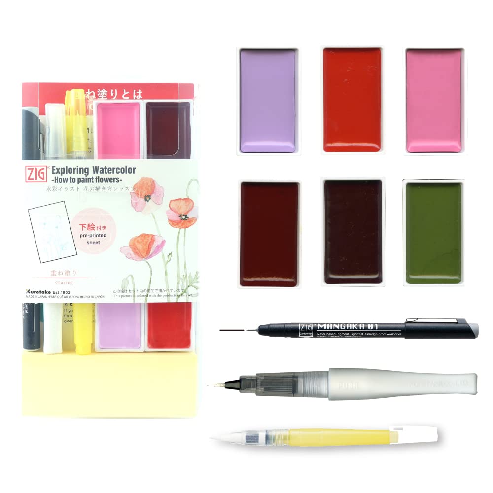 Kuretake ZIG EXPLORING WATERCOLOR, HOW TO PAINT FLOWER (GLAZING) ZIG SPECIAL SET,for beginners, students of Art Illustration Card Making, AP-Certified,Made in Japan