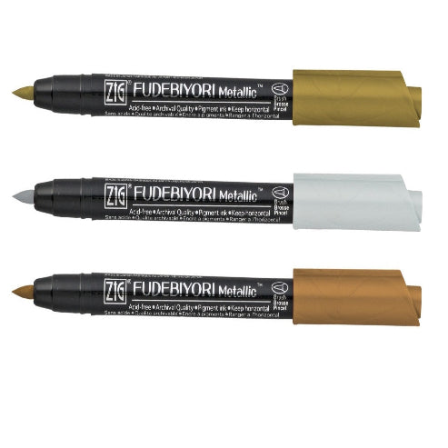 Zig FUDEBIYORI Brush Pens Metallic set of 3 perfect for lettering, illustration on dark papers, art, calligraphy, journaling, Archival quality, Odourless, Flexible brush tip. AP-Certified JAPAN