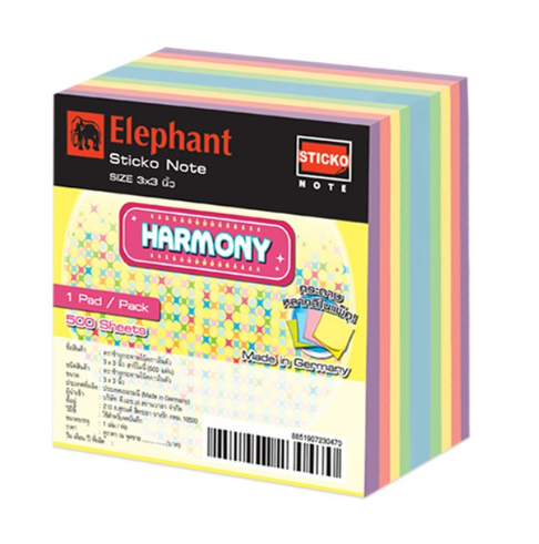 Elephant Sticky Note STD 3X3 Harmony Self-Stick Notes, 5 Pads, 500 Sheets/Pad, Assorted Colors Stickies, Easy to Post Notes for Study, Works, Daily Life Made in Germany