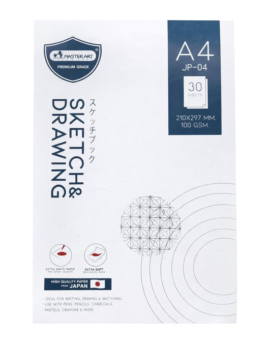 MasterArt Premium Grade Sketch & Drawing Book JP-04 | A4 Size (210 x 297 mm) | 30 Sheets | 100 GSM Extra White Paper | Ideal for Writing, Drawing & Sketching | Made in Thailand