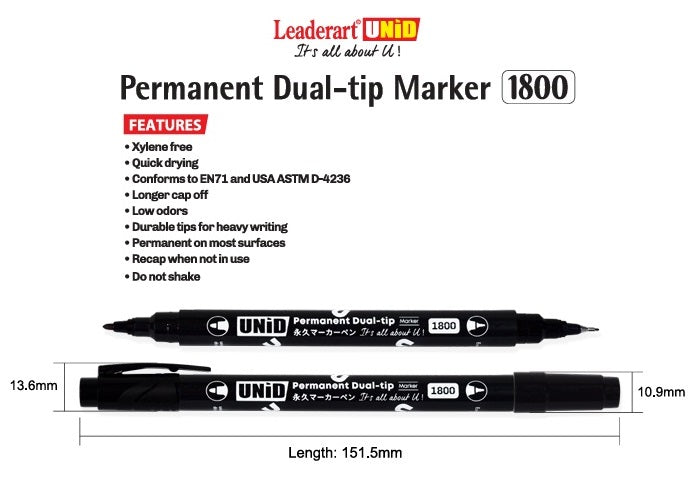 Leaderart UNID Permanent Dual Tip Marker 1800 Red Ink, Pack of 10 MADE IN MALAYSIA