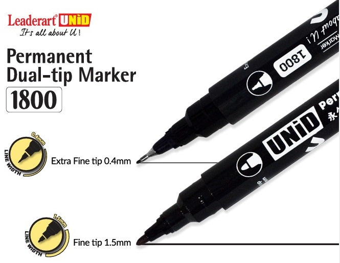 Leaderart UNID Permanent Dual Tip Marker 1800 Black Ink, Pack of 10 MADE IN MALAYSIA