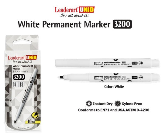 Leaderart UNID White Permanent Marker 3200 Pack of 10.MADE IN Malaysia