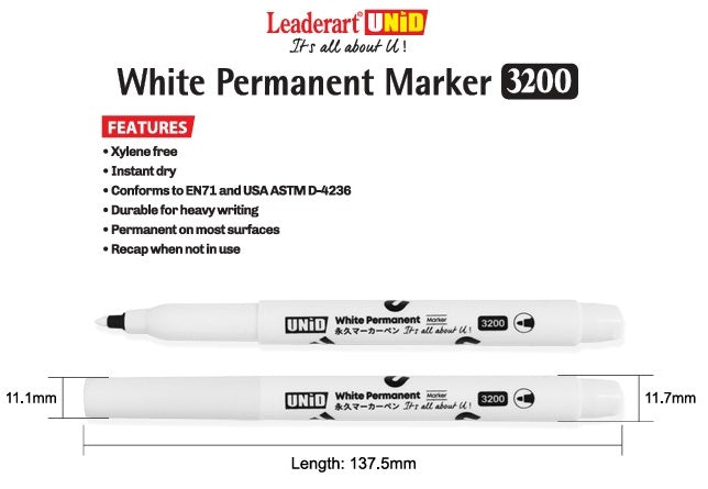 Leaderart UNID White Permanent Marker 3200 Pack of 10.MADE IN Malaysia