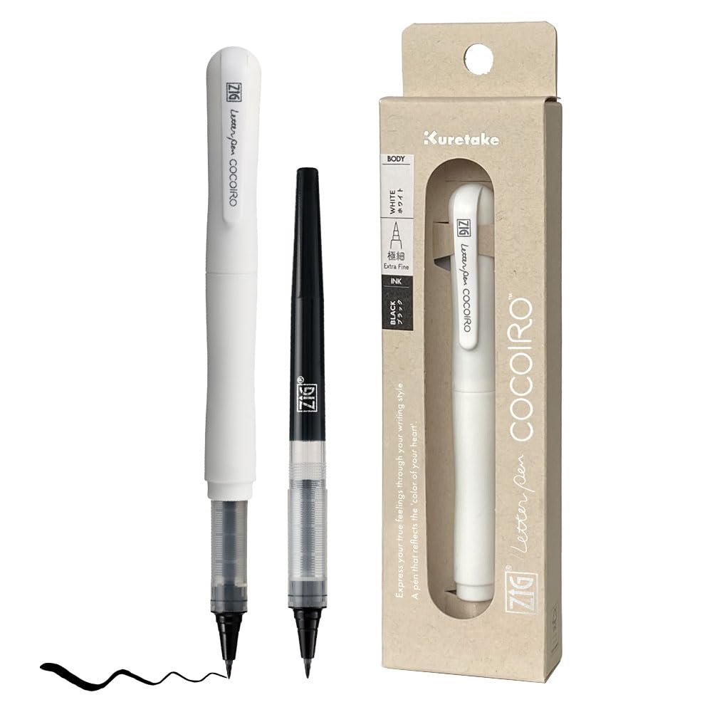 Zig Letter Pen COCOIRO, White Body with Black Ink Refill Set, Flexible Extra Fine Brush Tip, Refillable marking Pen for Calligraphy, Hand Lettering, Made in Japan