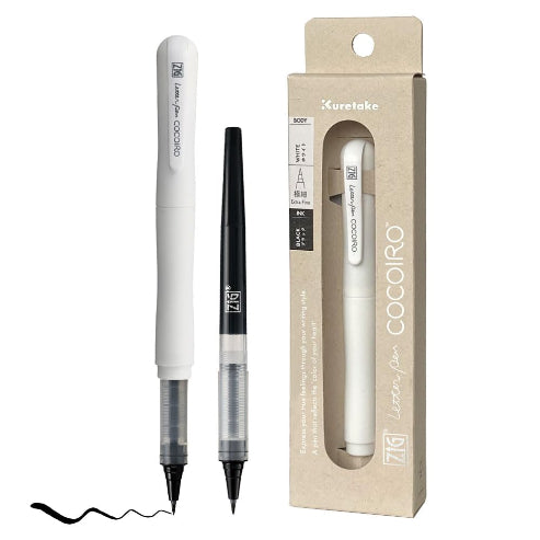 Zig Letter Pen COCOIRO, White Body with Black Ink Refill Set, Flexible Extra Fine Brush Tip, Refillable marking Pen for Calligraphy, Hand Lettering, Made in Japan