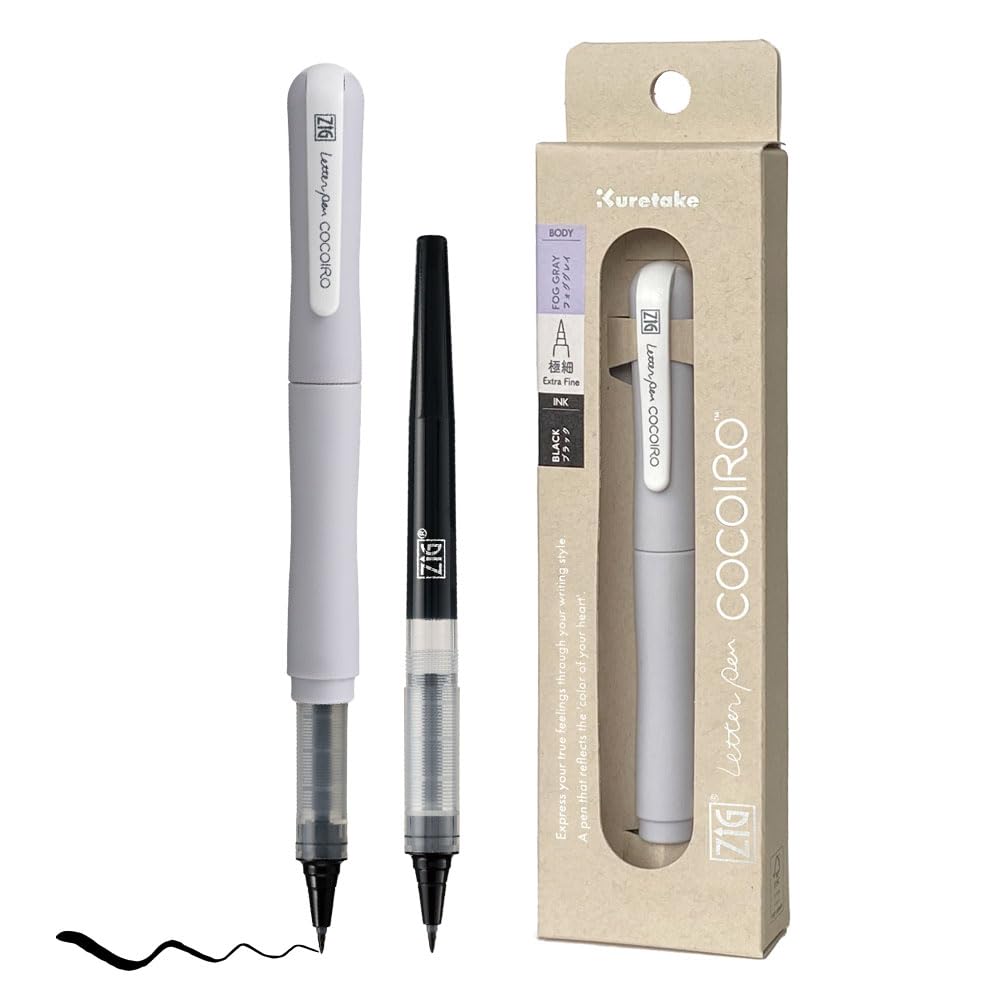 Zig Letter Pen COCOIRO, Fog Gray Body with Black Ink Refill Set, Flexible Extra Fine Brush Tip, Refillable marking Pen for Calligraphy, Hand Lettering, Made in Japan